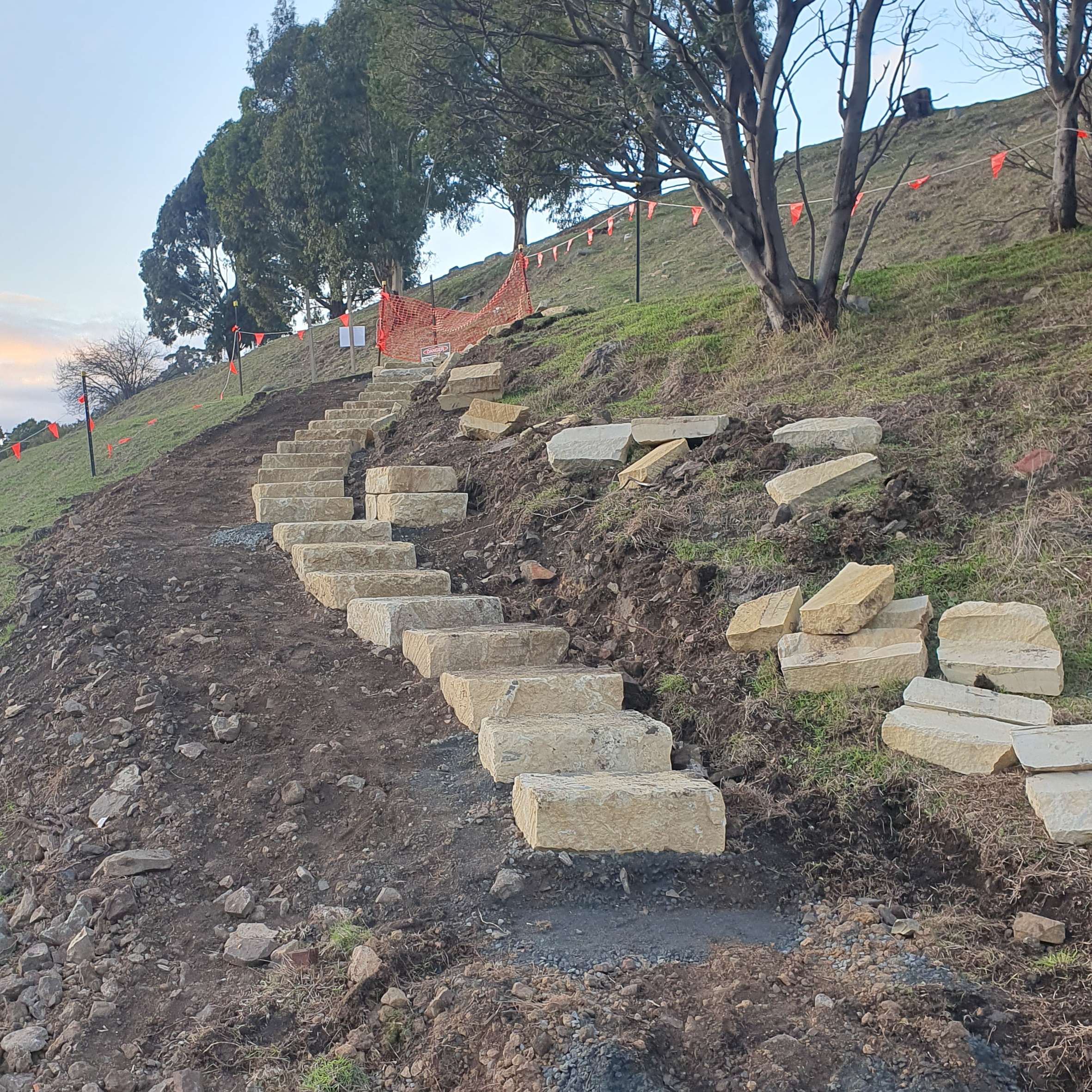 New stone steps leading up from the quarry near the bottom of Hillborough Road, into the park and towards Wentworth Street.